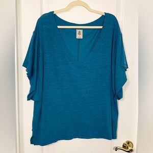 We The Free V-Neck Short Sleeve Oversized Knit Top Tee Blue Size Small